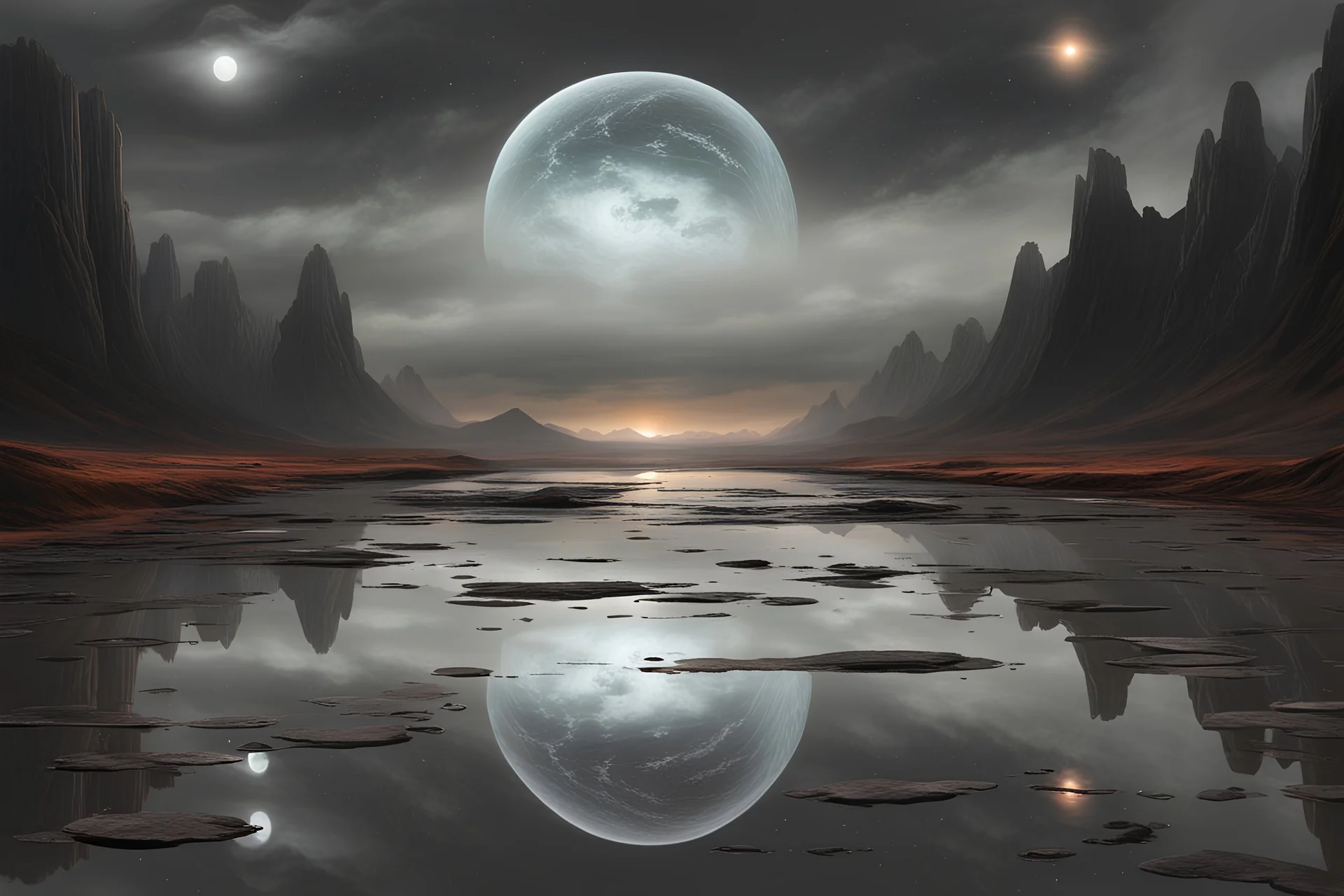 grey sky, planet in the sky, puddle, sci-fi, landscape, mountains, galactic cosmic influence