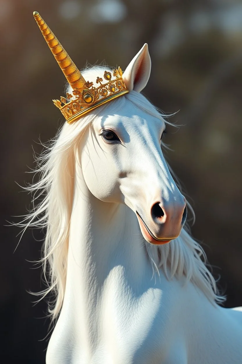 A Hyper-Realistic ,magic unicorn with a golden crown on top of it ,Sun Light, Shiny Simple White Costumei, Perfect Legs ,Full Size Beautiful Natural look ,Long Legs , , detailed face, ideal face template, Realistic Elements, Captured In Infinite Ultra-High-Definition Image Quality And Rendering, Hyperrealism, real world, in real life, realism, HD Quality, 8k resolution, , real photo