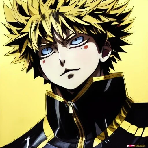 Detailed anime portrait of bakugo from my hero academia, gold hair and golden eyes, black suit, intricate details, full body portrait, keep head in frame, slight smile, black Japanese motif, concept art, highly detailed, digital painting, concept art, sharp focus, illustration, art by Yoji Shinkawa, WLOP and greg rutkowski and alphonse mucha and artgerm and yanjun Chen and Junji ito and Makoto Shinkai, HDR, octane render