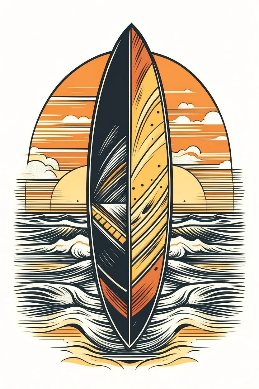 A surfboard with waves in the background, vintage, adventurous, golden hour lighting, T-shirt design graphic, vector, contour, white background