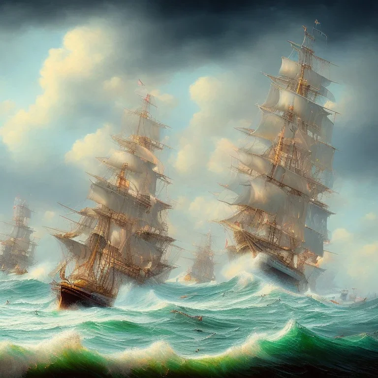 painting of Caribbean ships, high waves, colorful, highly detailed