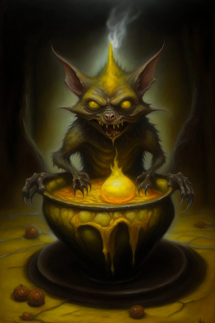 Living cauldron with yellow sigil, slightly demonic beaver alien gremlin bat in it, prize winning oil painting