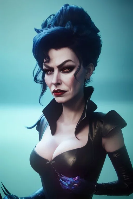 Lene Nystrøm as evil queen in black leather, busty, cleavage, voluptuous, Aqua Lene, angry, stern look. character design by cory loftis, fenghua zhong, ryohei hase, ismail inceoglu and ruan jia. unreal engine 5, artistic lighting, highly detailed, photorealistic, fantasy