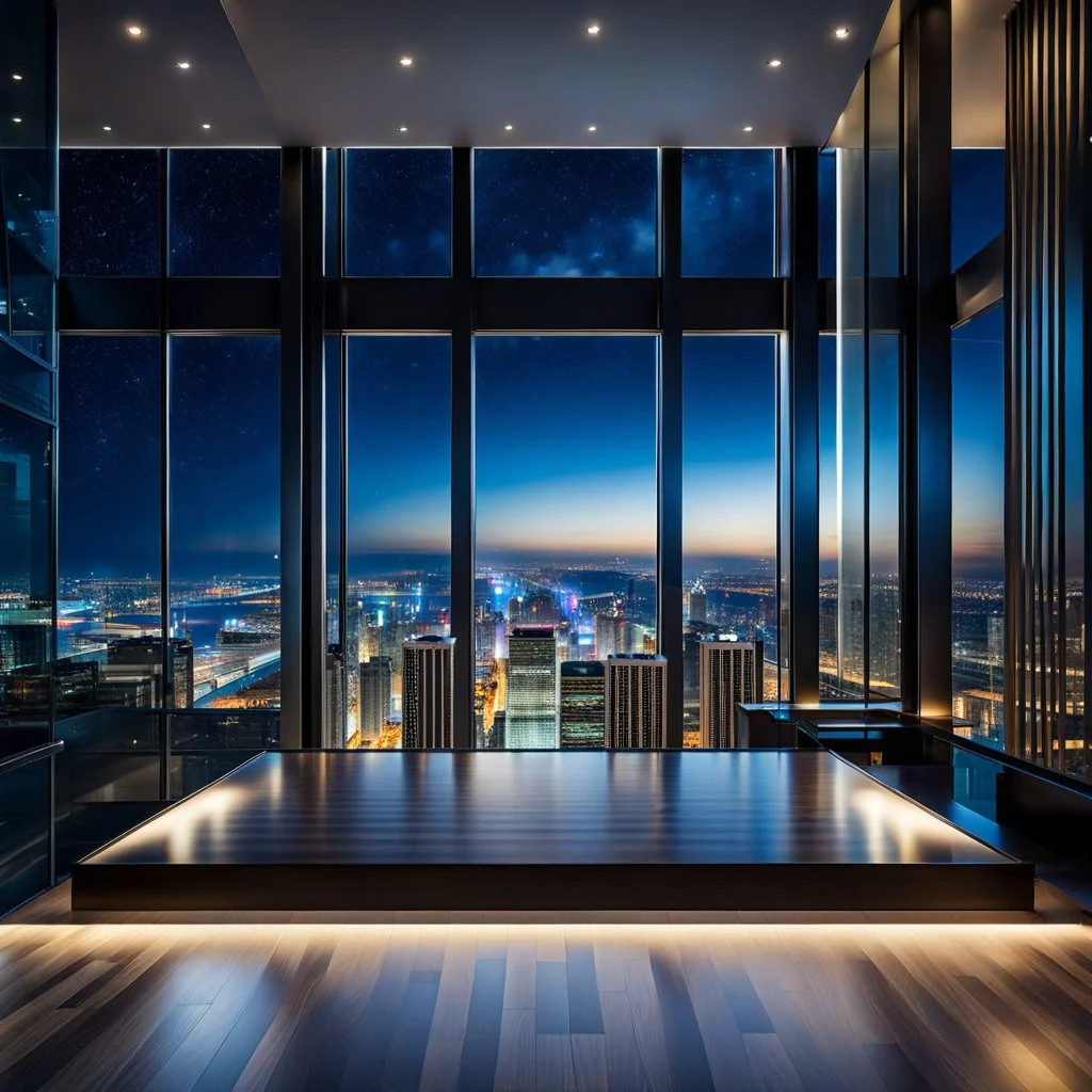 in luxury hall in top floor of skyscrapper in moder city at night sky, ,city scape at backgrownd