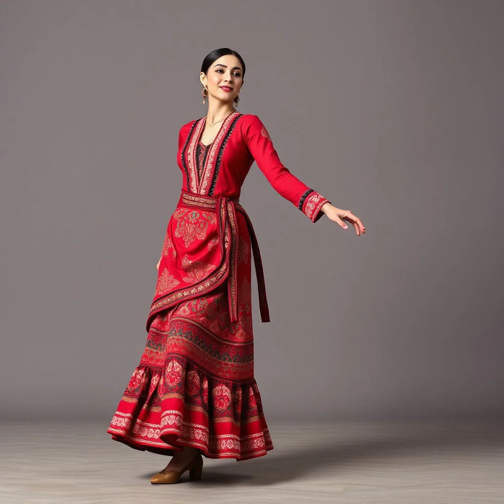 azeri female with traditional silck dance clothing,midi skirt dance shoes