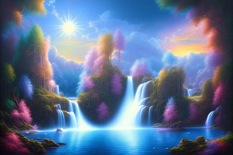 island waterfall bubble spring unicorn sunset