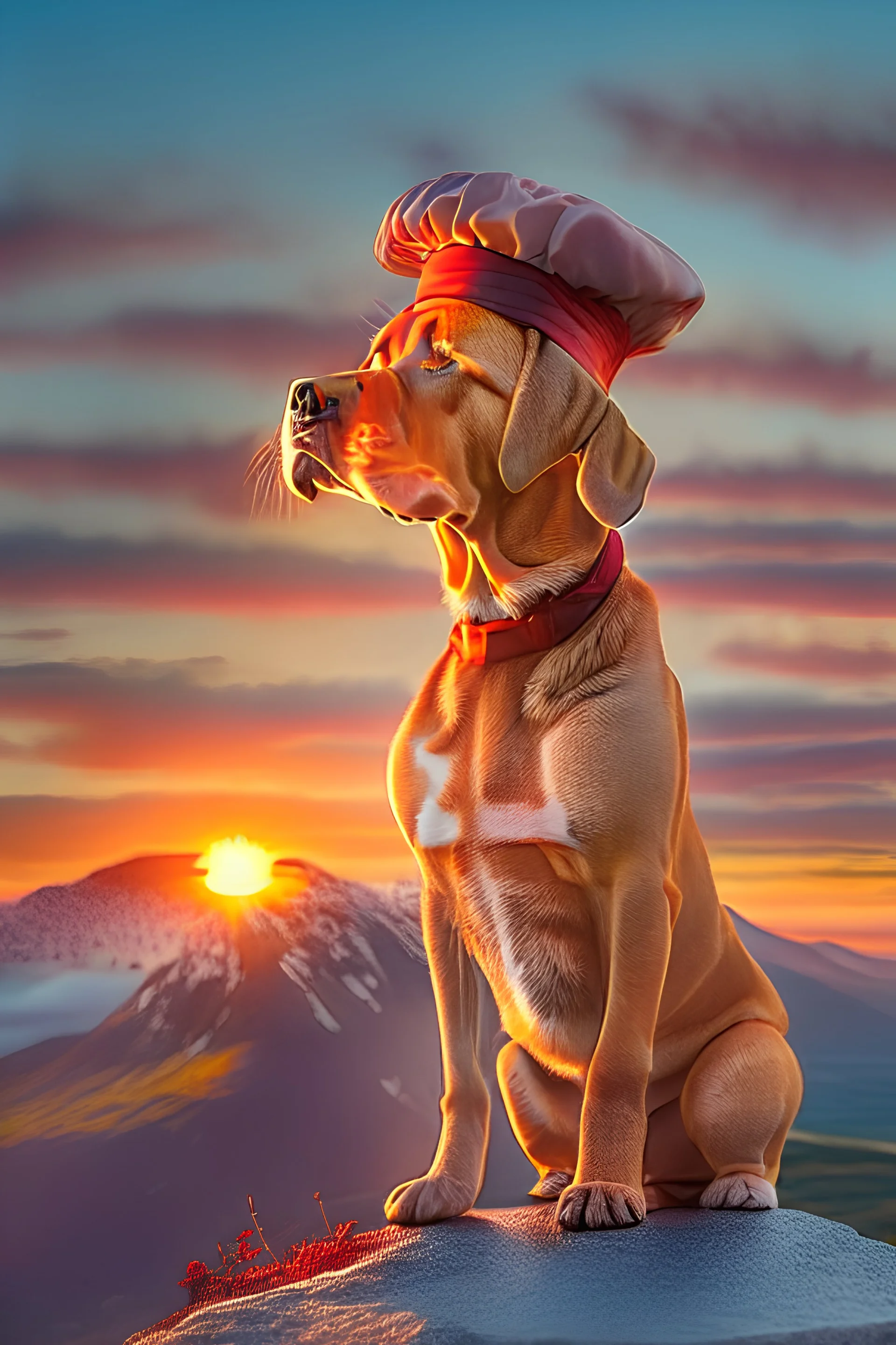 A handsome young red labrador dog wearing a little chef hat and standing on top of a mountain with a beautiful sunrise behind him