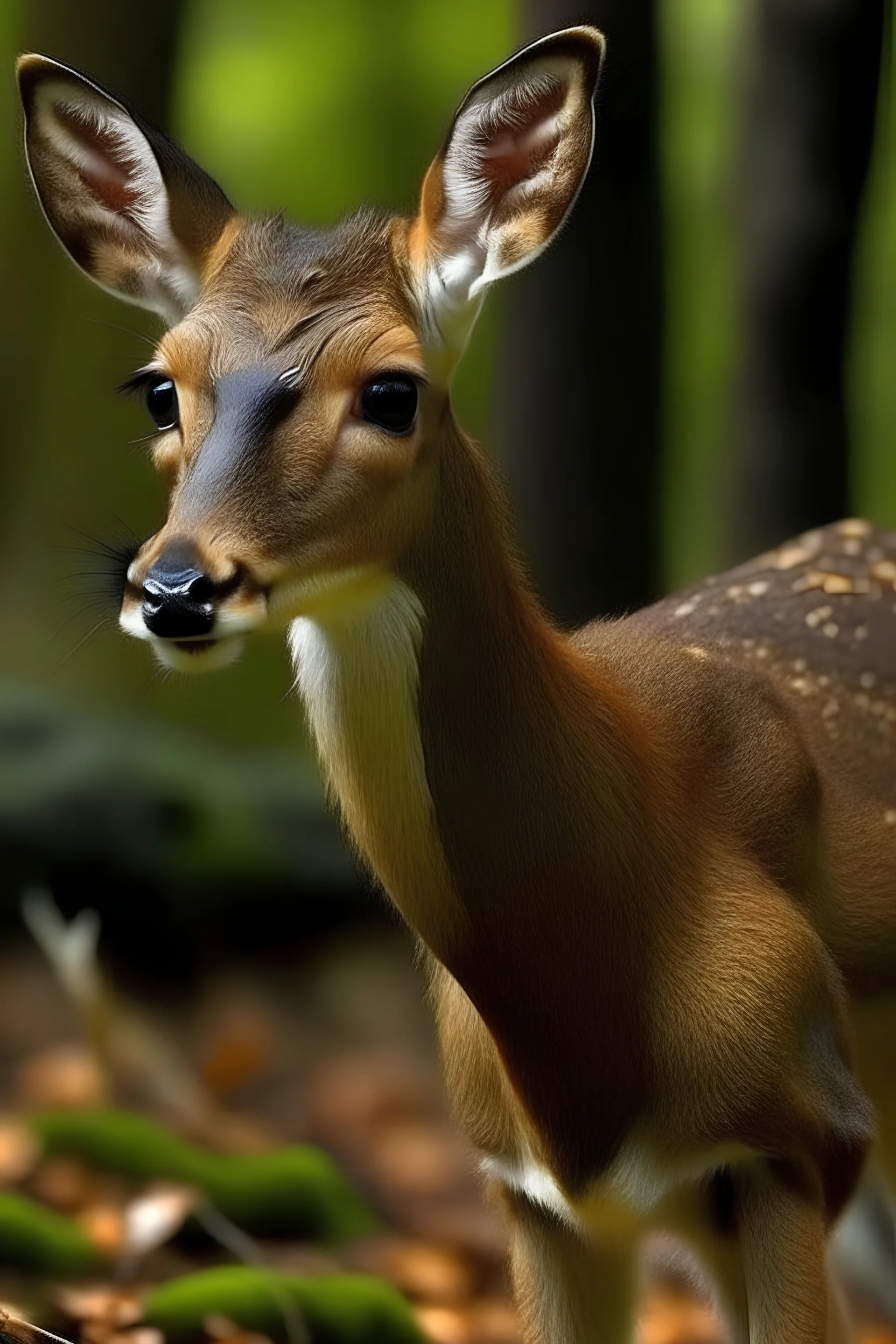 The "Almost Deer" is typically described as a creature that closely resembles a deer, but with several unsettling and anomalous features. It has a slender body covered in coarse, grayish-brown fur. Its legs are long and graceful, resembling those of a normal deer. However, its head is where the abnormalities become apparent. Instead of a traditional deer's head, it possesses an elongated, human-like face with vacant, pale eyes that lack pupils.