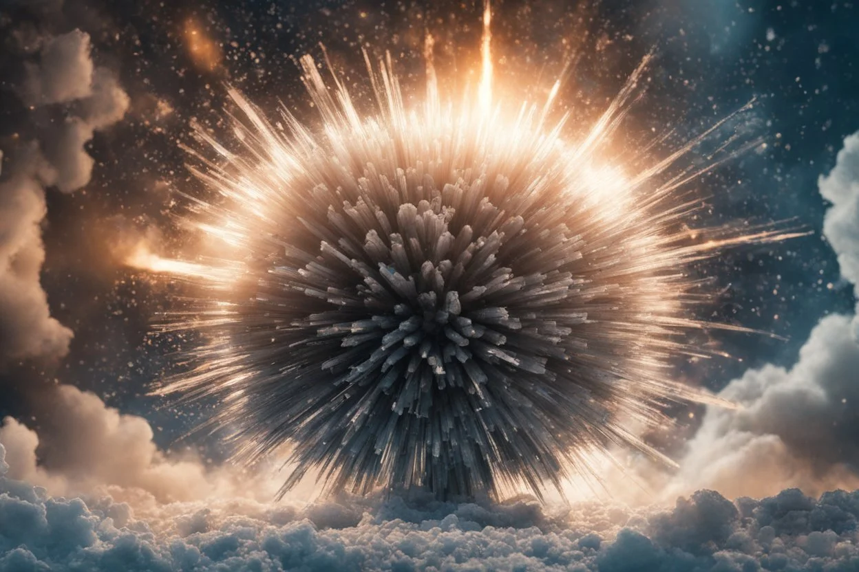 Atomic explosion, made of ice, ULTRA REALISTIC, details, intricate detail, professional lighting, film lighting, 35mm, anamorphic, lightroom, cinematography, bokeh, lens flare, film grain, hdr10, 8k, Roger Deakins, incredibly detailed, reflect, sharpen