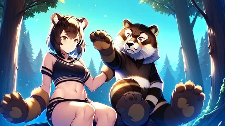 Girl, raccoon tail, raccoon ears, sit on tree, night time, forest, raccoon paws in foot, raccoon hand, raccoon legs, open navel