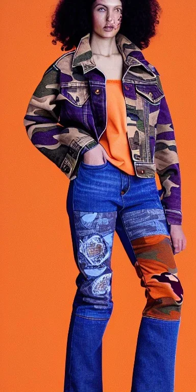 Model, woman. sérigraphie on denim with orange,terracotta, cream and purple colors. Camouflage patterns are screen printed on denim. Brunette woman in her 30's. thick thighs, thick calves, flat belly, wide hip. Mantle is sewed of recycled Denim and sewed together of camouflage pieces. It is with big bright purple felt tippet and cream-colored-hood. mantle is merged with satchel. Style: Haute Couture in 1920's and 1990's in New York. Paris in 2023