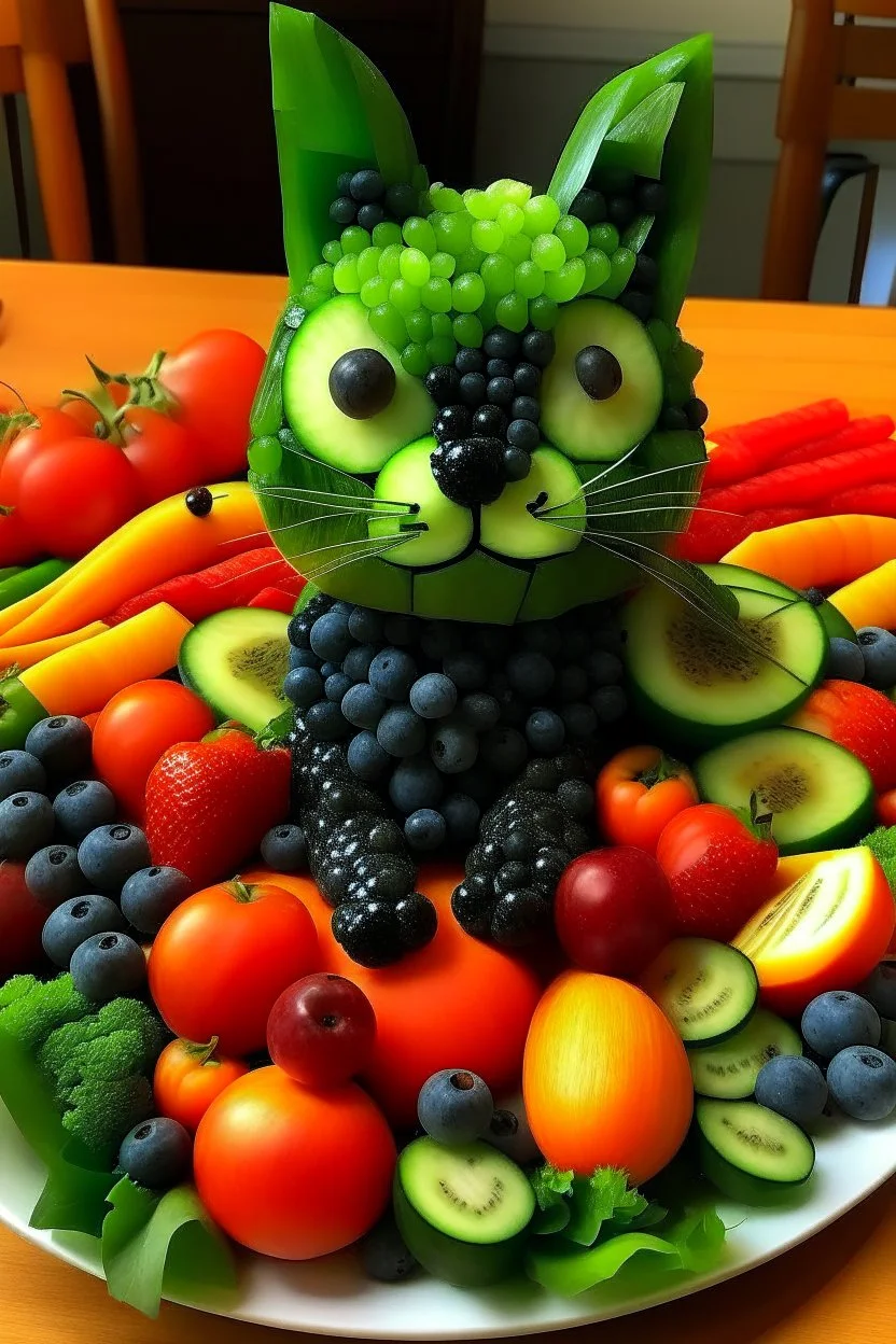 un chat fabriqué uniquement avec des morceaux de légumes et de fruits.