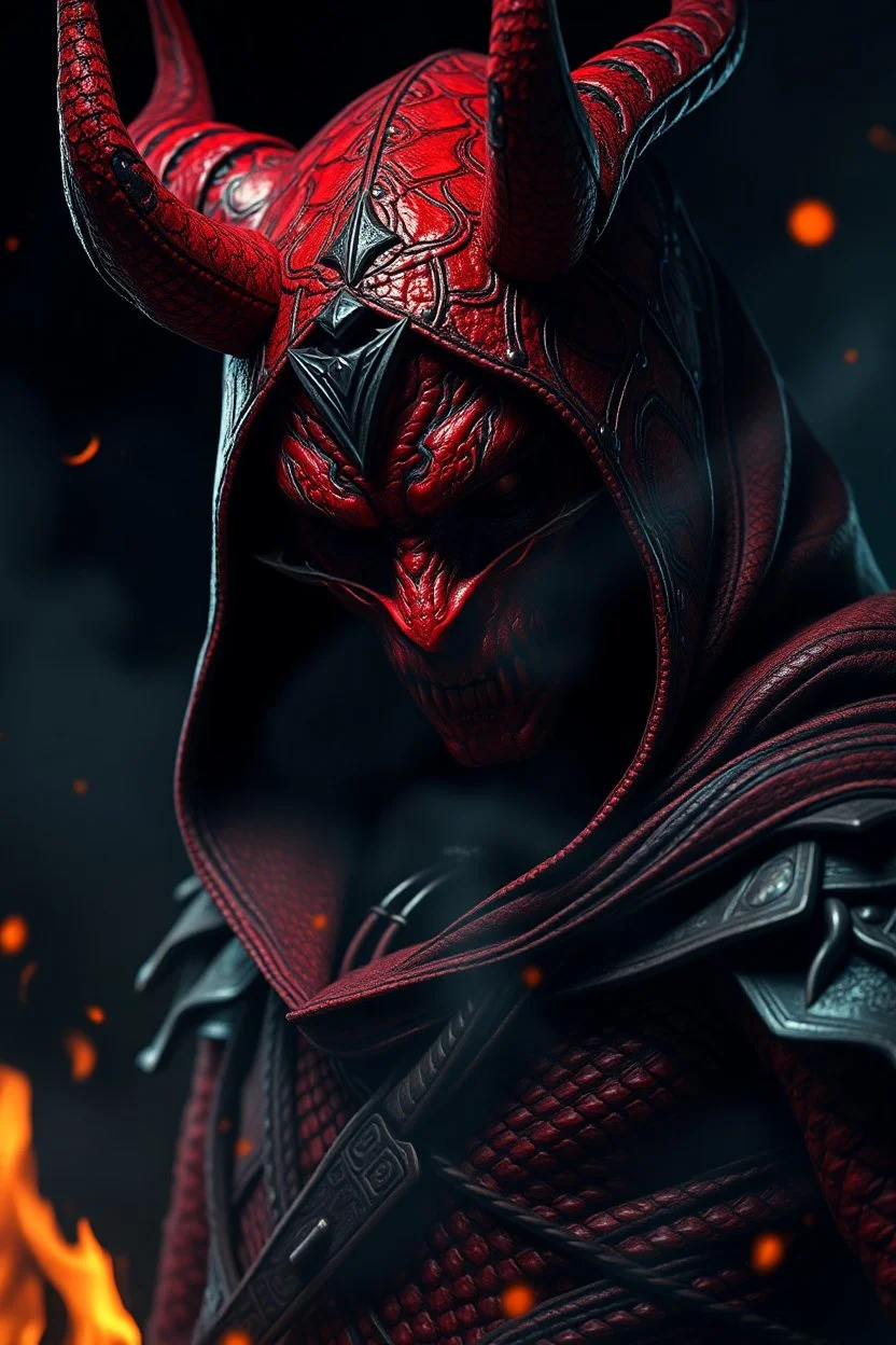 The devil hooded, red skin, scales, unreal engine 6, high detail, intricate, cinematic. photoshoot style, intricate, studio lighting, masterpiece , highly detailed, 8k, best quality, fire, smoke, dramatic,d,<lora:mshn:0.7>,<lyco:Warrior_Couture:0.5>,