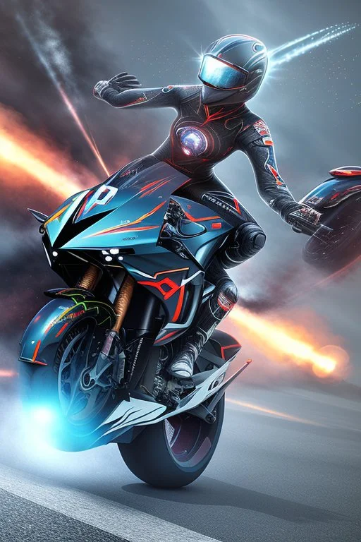 An advanced motorcycle with four wheels and a turbo jet in the A combination of ultra-advanced car and crazy Max fighter, super sporty, with color and nano technology