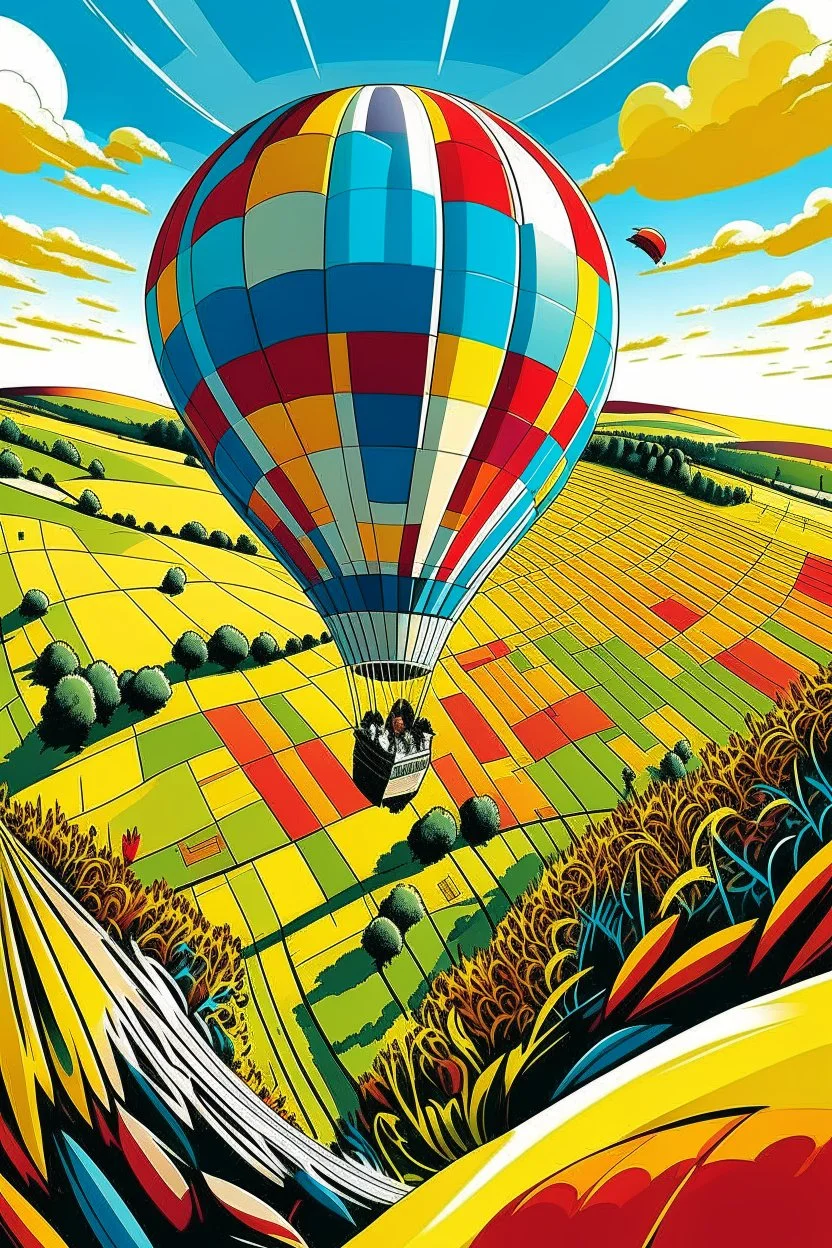 A GoPro camera is attached to the underside of a hot air balloon, capturing a breathtaking view of rolling hills and colorful patchwork fields below. A flock of geese flies alongside the balloon, casting long shadows against the landscape. Style: Dynamic, Mood: Euphoric, Lighting: Clear, bright sunlight, T-shirt design graphic, vector, contour, white background.