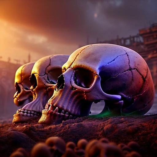 a picture of a dark, comedic, anatomically correct wall of colorful tightly packed stacked skulls of varying sizes and expressions, photo realistic, insanely meticulous, highly detailed, part of a collection of bones on display, 64k, dystopian, vray, cartoonish, cartoon character skulls