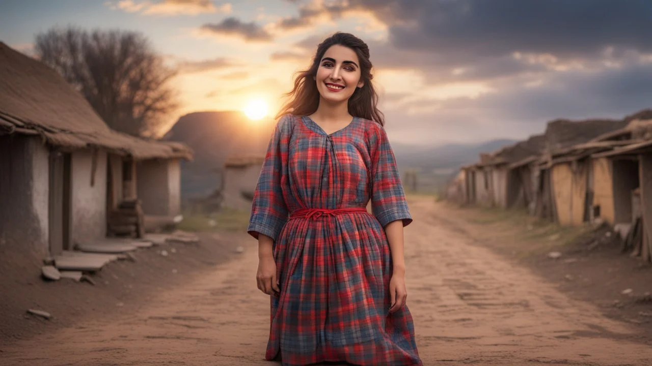 Hyper Realistic Young-Happy-Pashto Woman wearing checkered-patterned dress in a village at cloudy sunset with dramatic ambiance