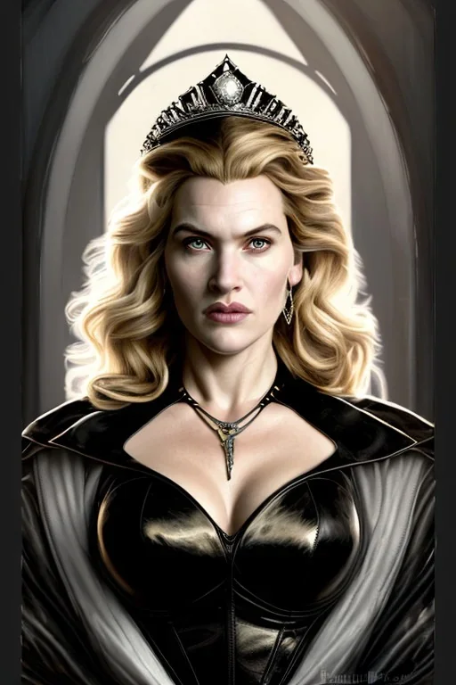 painting of kate winslet as evil queen in black leather gown, feminie, angry, stern look on her face, volouptous, busty, cleavage, emperious, mature, highly detailed, digital painting, artstation, concept art, smooth, sharp focus, illustration, art by gaston bussiere and alphonse mucha