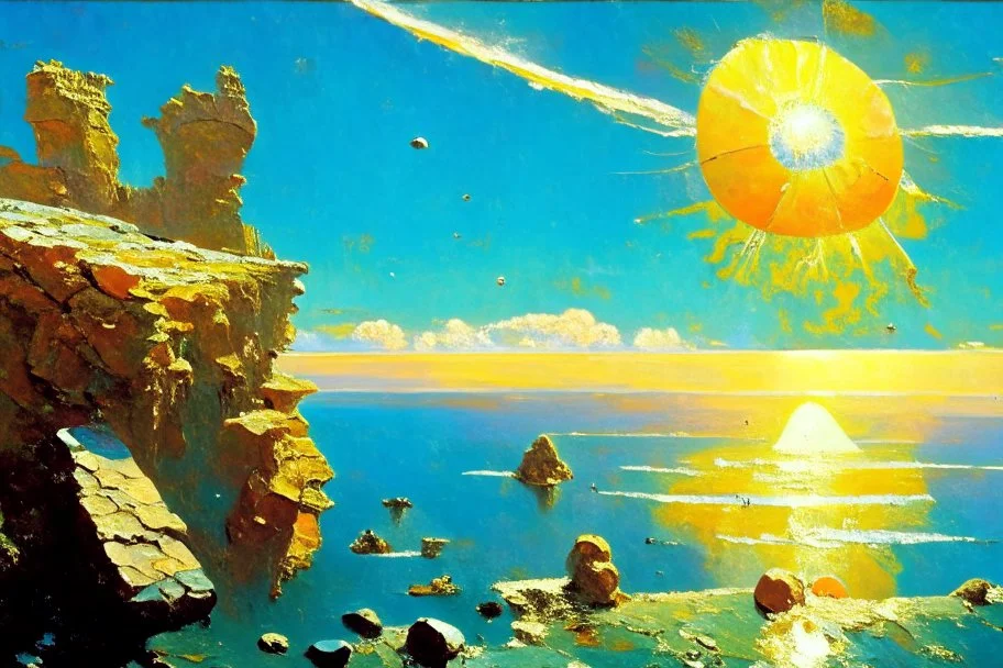 sunny day, planet in the sky, rocks, cliffs, sci-fi, friedrich eckenfelder impressionism paintings