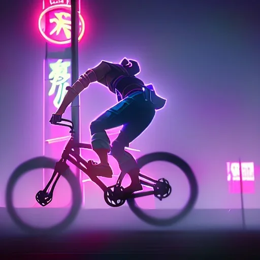 photo of a ninja riding a bike; in an alternate universe in tokyo; cyberpunk; realistic; rain; neon signs