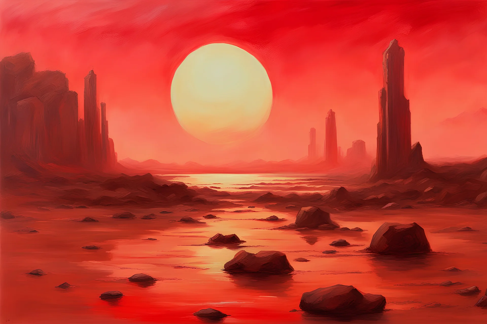 Pale red sky with one exoplanet in the horizon, rocks, mountains, 2000's sci-fi movies influence, rodolphe wytsman and wilfeid de glehn impressionism paintings