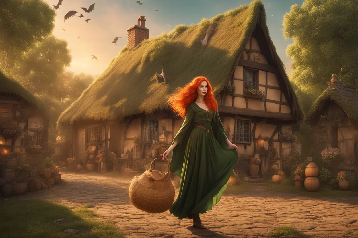 Full body shot of a tall slim pretty, red-headed young female witch, casting magical glowing symbols into the air, dressed in a long flowing green dress, standing in front of a row of cottages and shops with thatched roofs