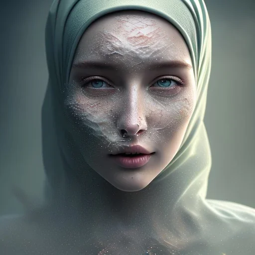 clouds of fog as woman's face, dissolving, disintegrating, wearing hijab, fine detail, highly intricate, modern surrealism painting, high-quality, volumetric lighting, 8k, ultrahd, George Grie, Marco Escobedo, Igor Morski,Brian Froud, Howard Lyon, Selina French,