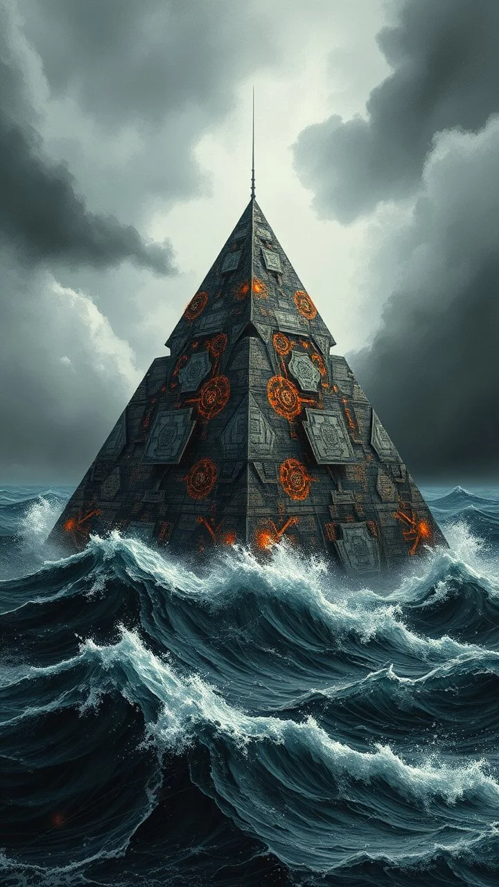 Synthography Art in Bocsh painting style nightmare of The Pyramid shape building in the middle of ocean waves water with visual details of reialstoc mechanical and electrical components and chips and components textures with gray clouds stormy weather in the background