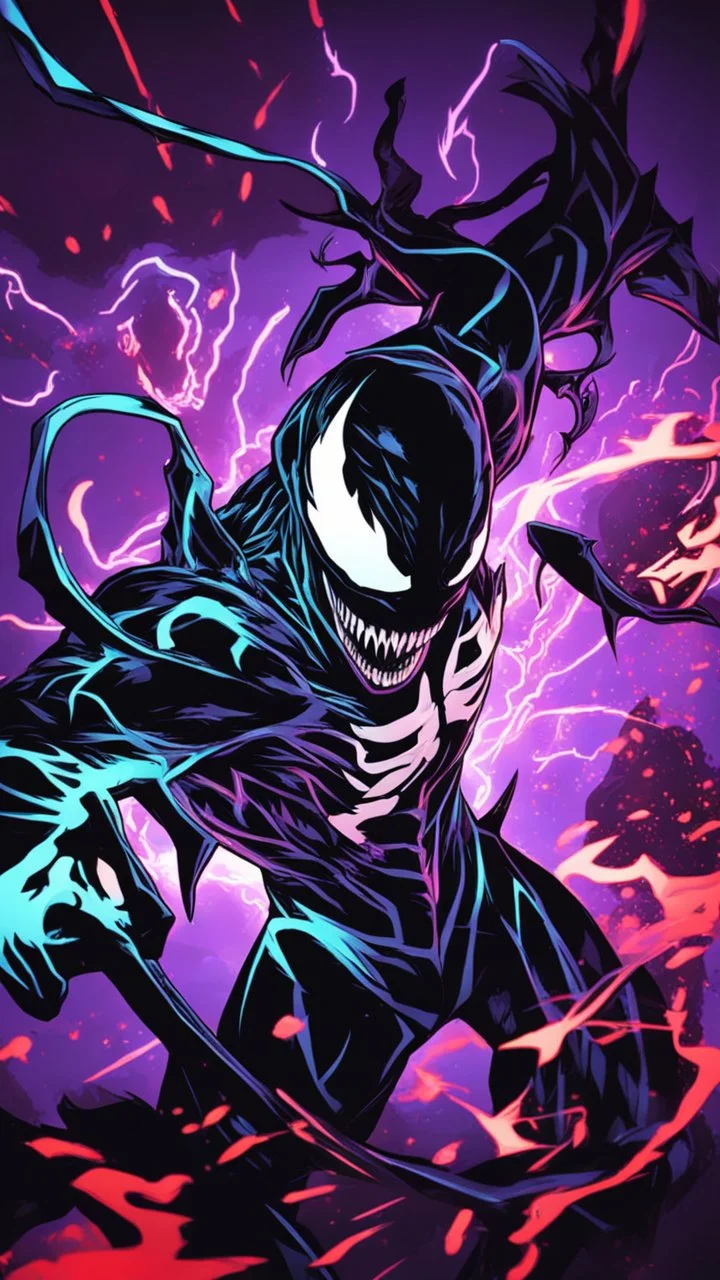 Mix between venom symbiote and Reaper in solo leveling shadow style with neon glowing blue
