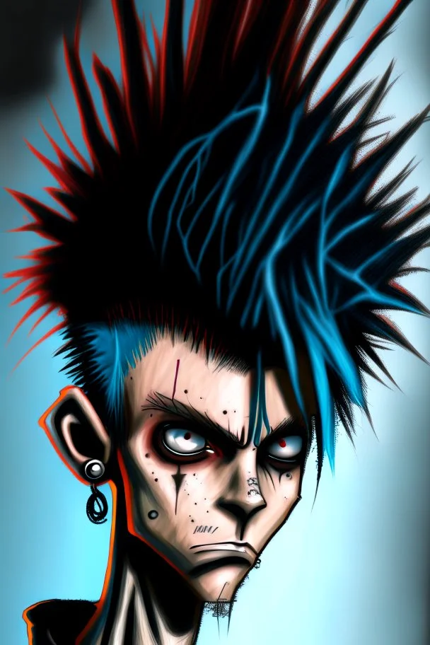 2d portrait drawing of a stickman, cool with punk hair, x eyes like hangman, close-up ,3d realistic in colour