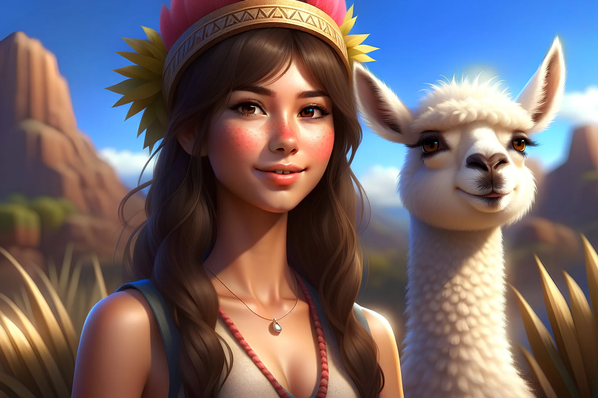 Digital art, high quality, digital masterpiece, natural illumination, sunny day, realistic, film style, (full body:2.5), (1 young peruvian girl with alpaca ears:3), (dark brown hair:1.8), (sexy green eyes:1.8), (Alpaca llama ears:1.8), (Alpaca ears headband:1.8), (tall:1.8), (White peruvian pajamas:1.8), Peruvian patterns, (Peruvian town at background:1.8), Peruvian town