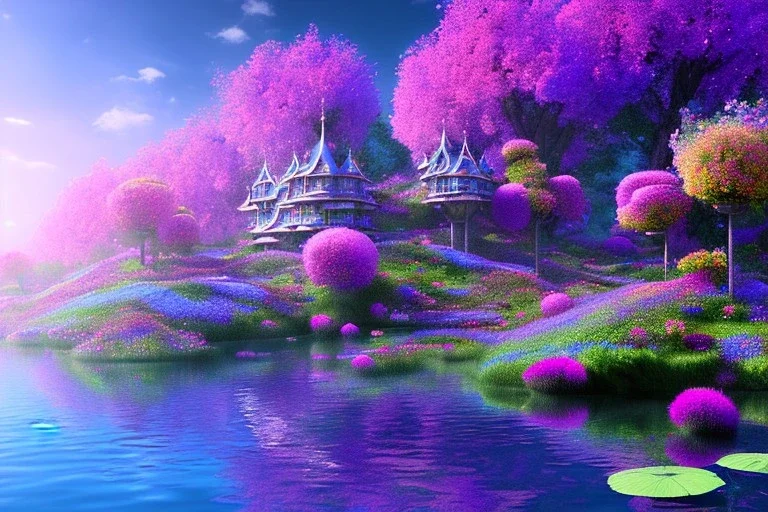 monde en fleurs, blue lake, flower tree-houses, concept art, crépuscule , fuksia bleu oranger, vibrant Color, réaliste, riviere bleu, tree-house bougainvillier, roses