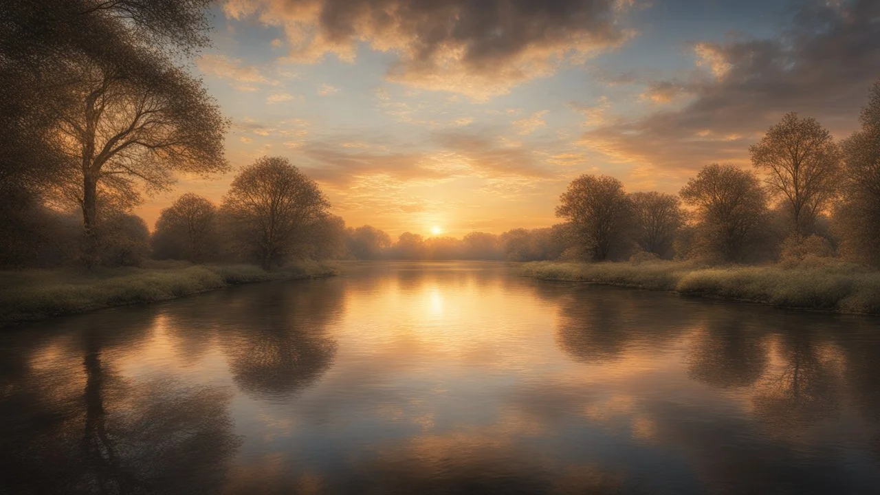 Style John Constable, sunset, relaxation, luxury, dream world, calm beauty, symmetry, fantasy world, magic, beautiful composition, exquisite detail, 135mm lens