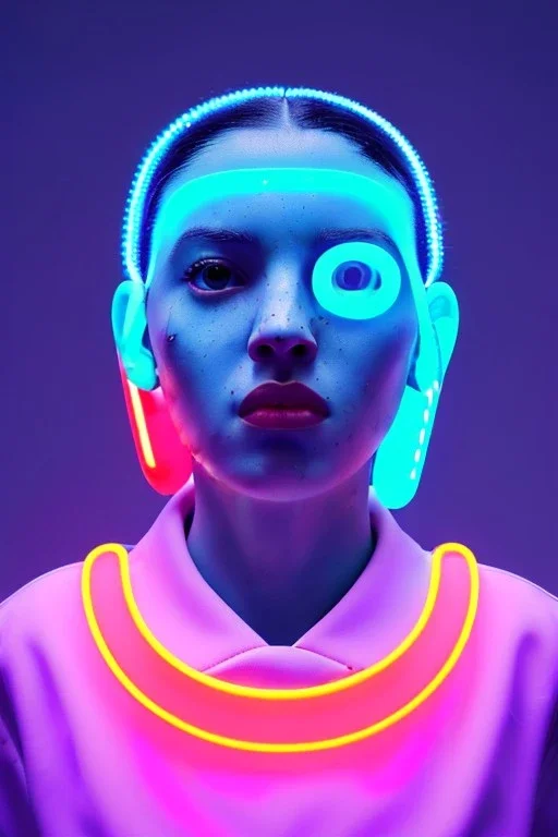 Ultra Realistic image, Rosalía artist, waist up portrait, black eye line, angry face , gold, blue, pop style, pink spray line make up, geometric, led lights, neon, rings piercing, led ornament, fog, bubble latex coat, vibrant color, highly detailed, art stations, concept art, smooth, unreal engine 5, god rays, ray tracing, RTX, lumen lighting, ultra detail, volumetric lighting, 3d, finely drawn, high definition, high resolution.