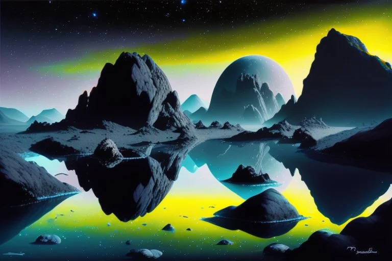 Grey Exoplanet in the hotizon, rocks, Night, lagoon reflection, sci-fi, epic, otto pippel painting