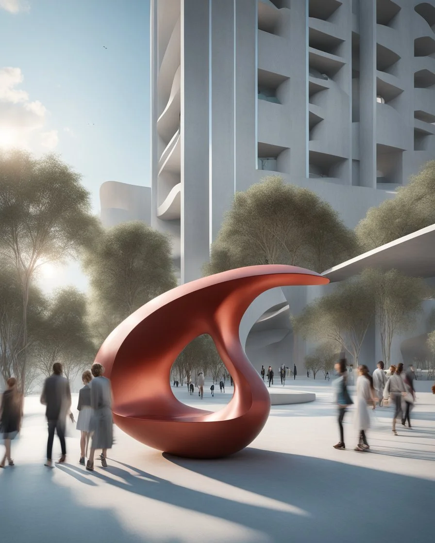 3D representation of architectural wonder, with a concrete design and matte reddish glass that contrasts with the light blue sky, emphasizing organic movement. Its design represents an ant with a bulbous tail and membrane wings with solar panels, its tail is made of concrete and glass. It stands out from pedestrians, creating a sense of scale. In open space, its use is a public place and as a great viewpoint in the mountains Combination of practicality and artistic expression in architecture