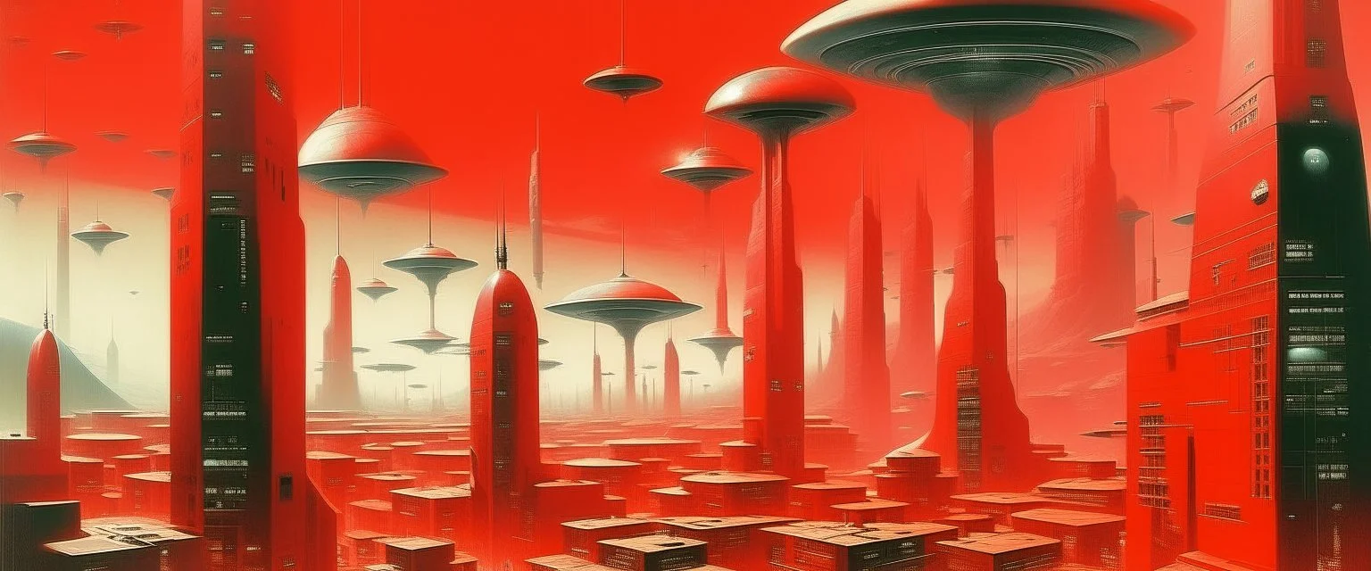 A light red futuristic city with UFOs painted by Lyonel Charles Feininger