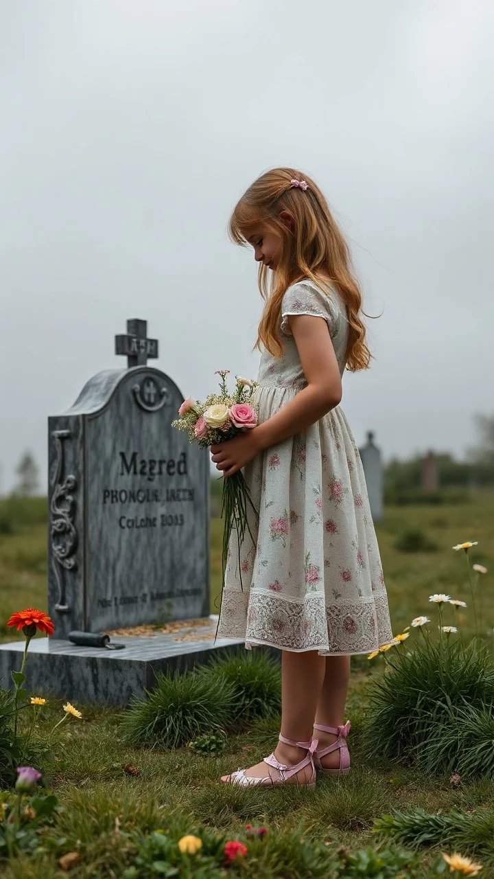 A beautiful girl with flowers standing by a grave , foggy cloudy clouds