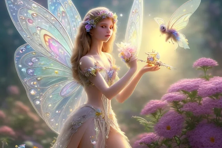 one very little beautiful fairy on a big crystal subtle flower in a galactic ambiance, transparent petals, delicate colors, in the foreground, full of details, smooth, bright sunshine，soft light atmosphere, light effect，vaporwave colorful, concept art, smooth, extremely sharp detail, finely tuned detail, ultra high definition, 8 k, unreal engine 5, ultra sharp focus