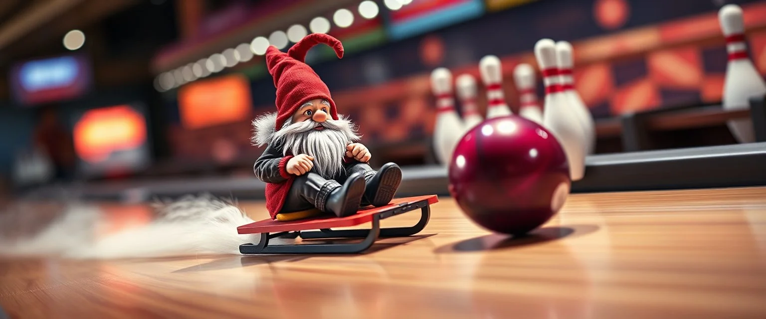 gnome on speeding on a sled in front of bowling ball heading for a strike