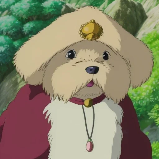 small dog, under a tree, wearing a small, high ruff, a jeweled cap with feather, two gold chains and a cloak over his doublet, which is embroidered