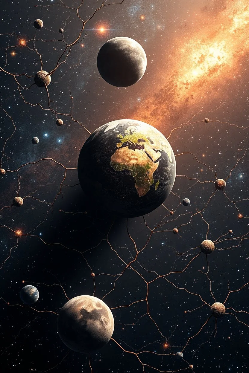 neurones in the galaxy with earth and other planets in it, thine line draw style