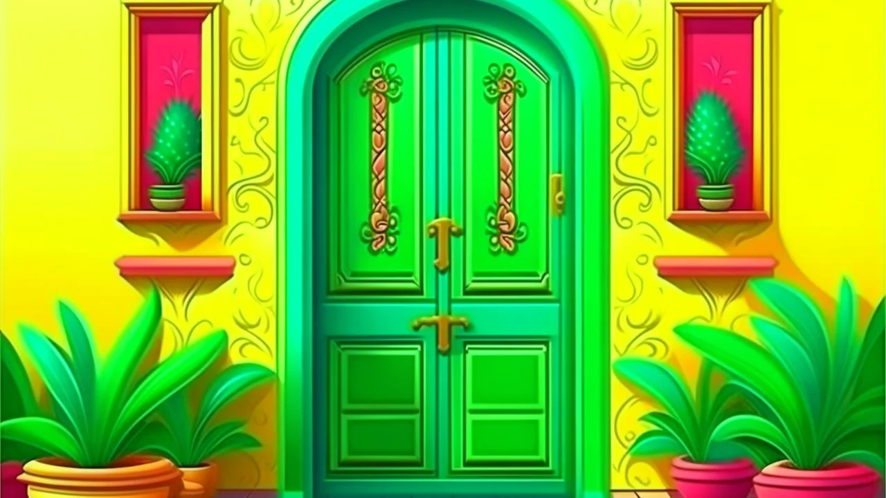 Fantasy cartoon illustration: a beautiful exotic green and yellow door on a colorful house