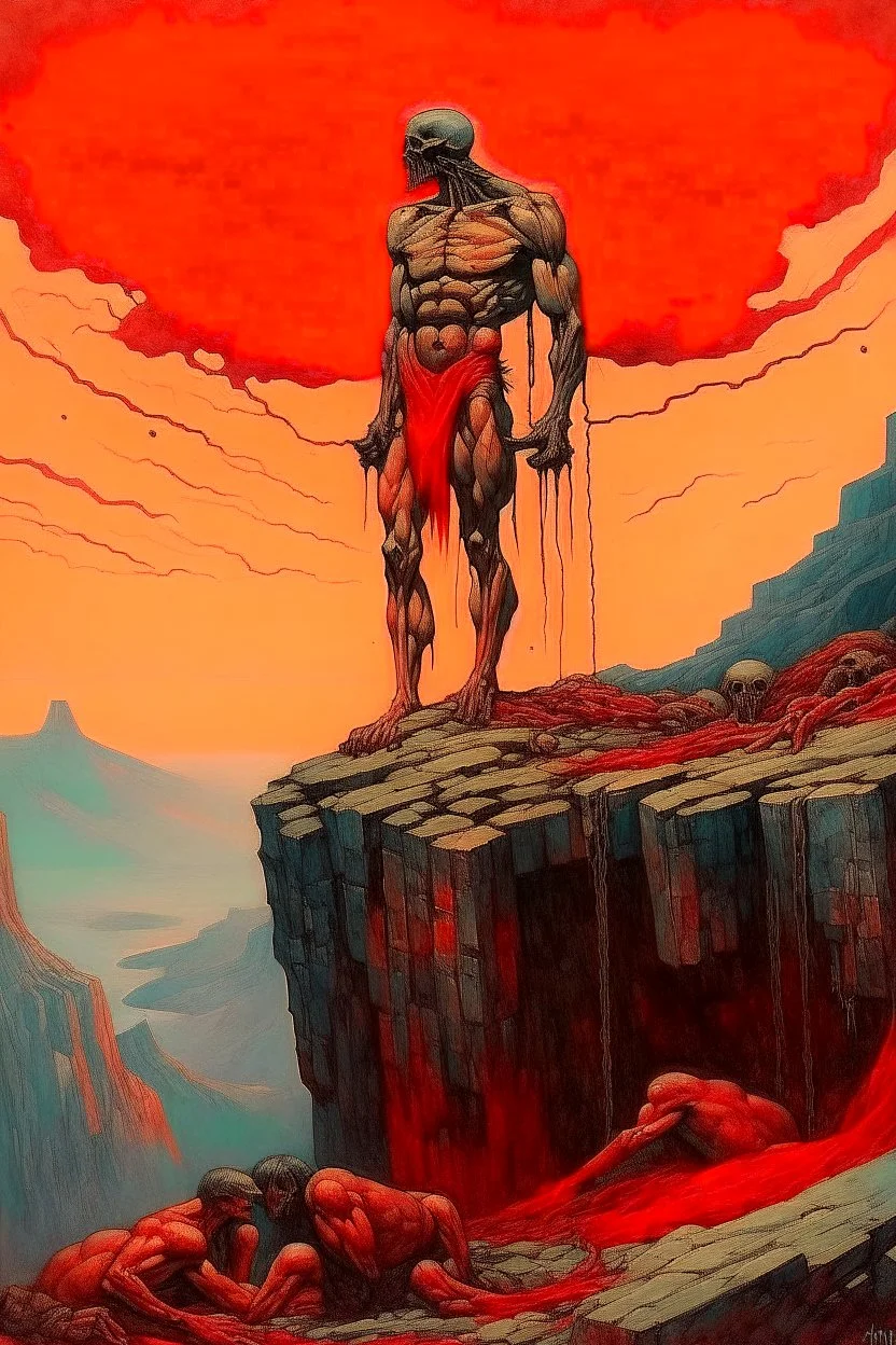 dramatic medium brush stroke matte oil painting, cursed Prometheus the Titan god chained to the top of a mountain where vultures eat his liver, Dramatic, complex contrast, dynamic composition, expansive, diagonal offset composition, Greek Mythology, focused, red hues, by Zdzislaw Beksinski and Jim Dine