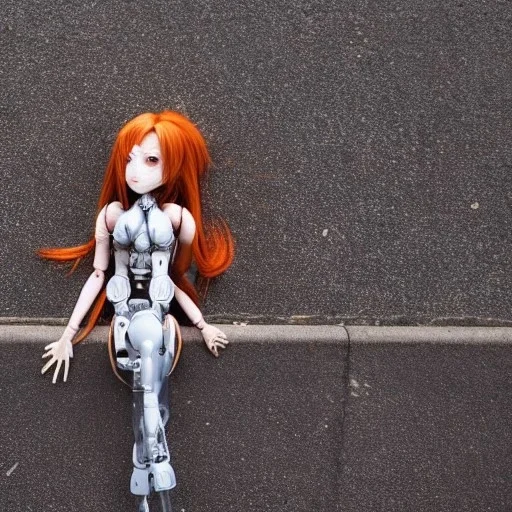 Rusty female cyborg doll laying in the streets sad and lonely, crying,suit is falling apart, anime character