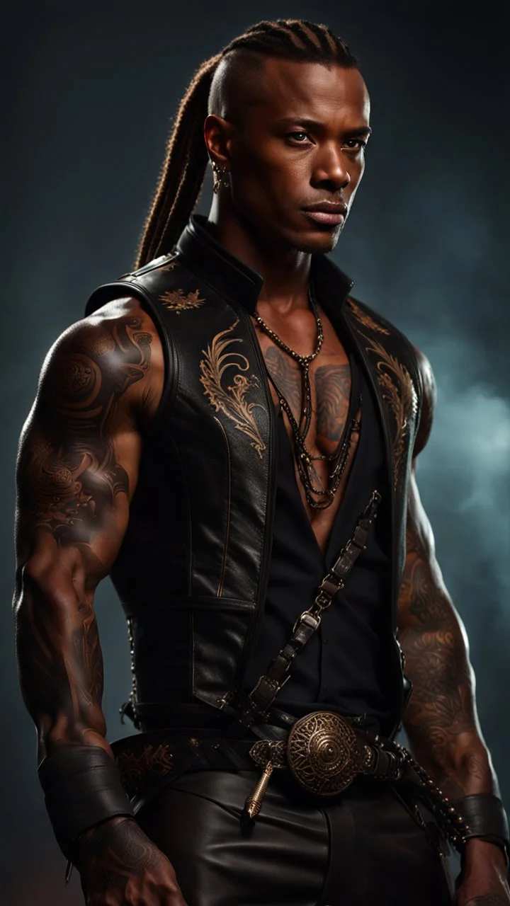 portrait of a 35 year old Handsome muscular male with dark bronze skin adorned with tattoos. His long light brown hair is tied back in a pony tail. He's wearing a leather vest and has a dagger which hangs from his belt. Dark fantasy. Hyperrealistic