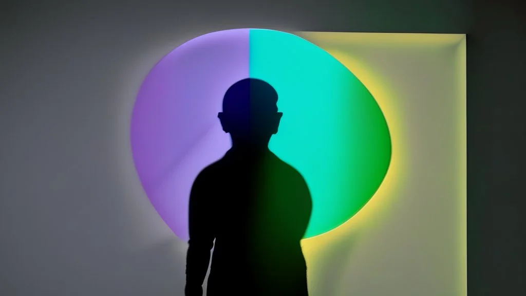 shadow made of different colors of a person looking for information on a large screen