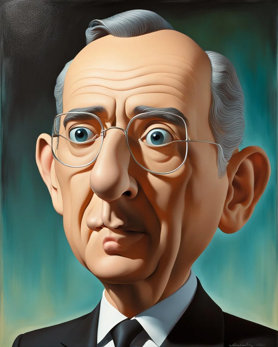 Caricatura 3D de Álvaro Uribe Vélez con una nariz cómicamente (((muy grande)))... pintura surrealista. 3/4. Colores blanco, rojo y negro