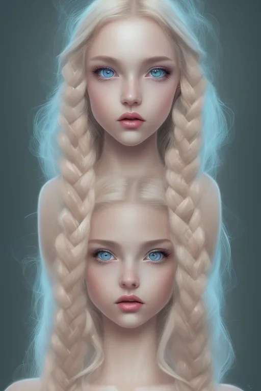 20 year old girl, cute, beautiful, blonde hair, one loose braid on left side, blue eyes, big eyes, pale skin, blue dress, ice dress, long eyelashes, pink lipstick, thin lips, small nose, semirealistic, 8k resolution concept art portrait