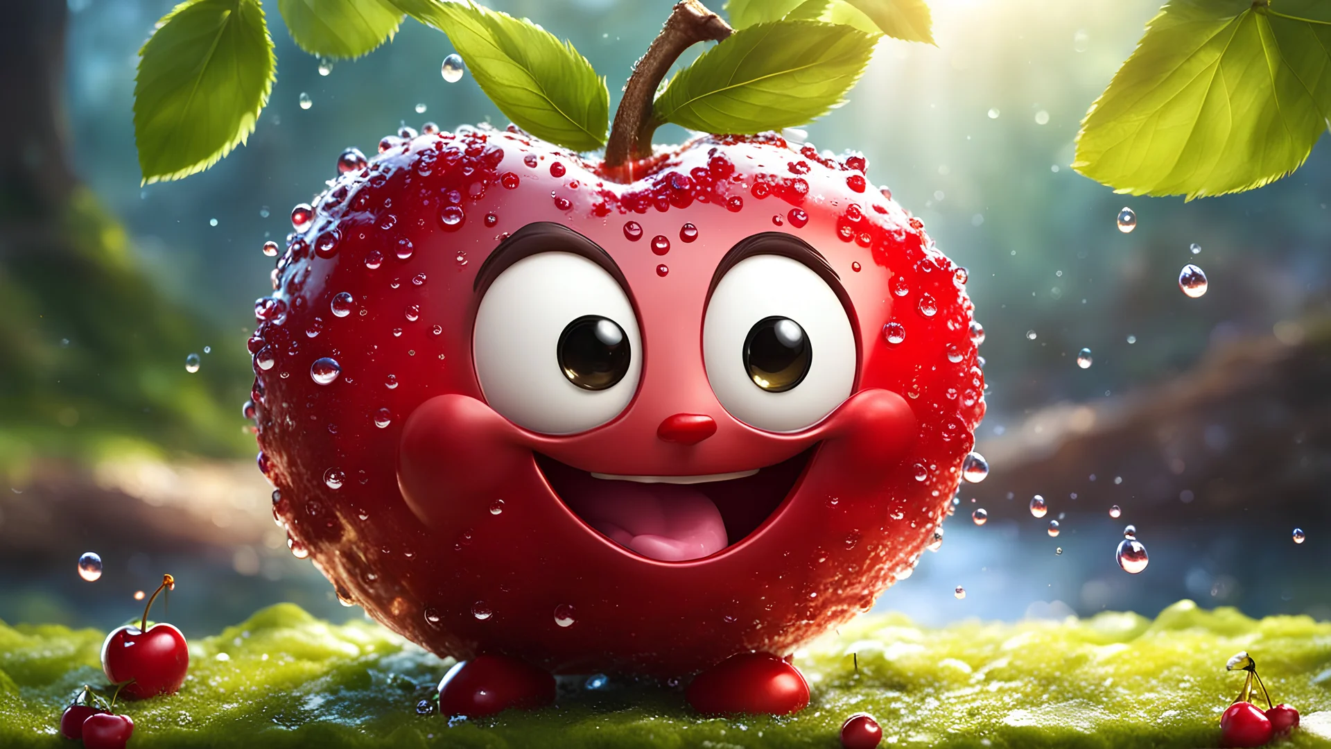 ((masterpiece:1.3,concept art,best quality)),very cute appealing anthropomorphic cherry,looking at the viewer,big grin,happy,fruit,berry,droplets,macro,sunlight,fantasy art,dynamic composition,dramatic lighting,epic realistic,award winning illustration